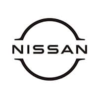 Nissan-Logo, schwarzer Text und Kreislinien auf weißem Hintergrund.